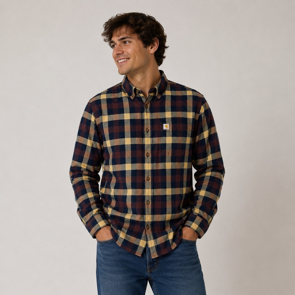 Carhartt Mens Relaxed Fit Plaid Flannel Button Down Shirtโ Navy Burgundy Tan L